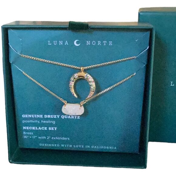 LUNA NORTE NIB NECKLACE SET BRASS GENUINE DRUZY QUARTZ POSITIVELY HEALING - Picture 3 of 6